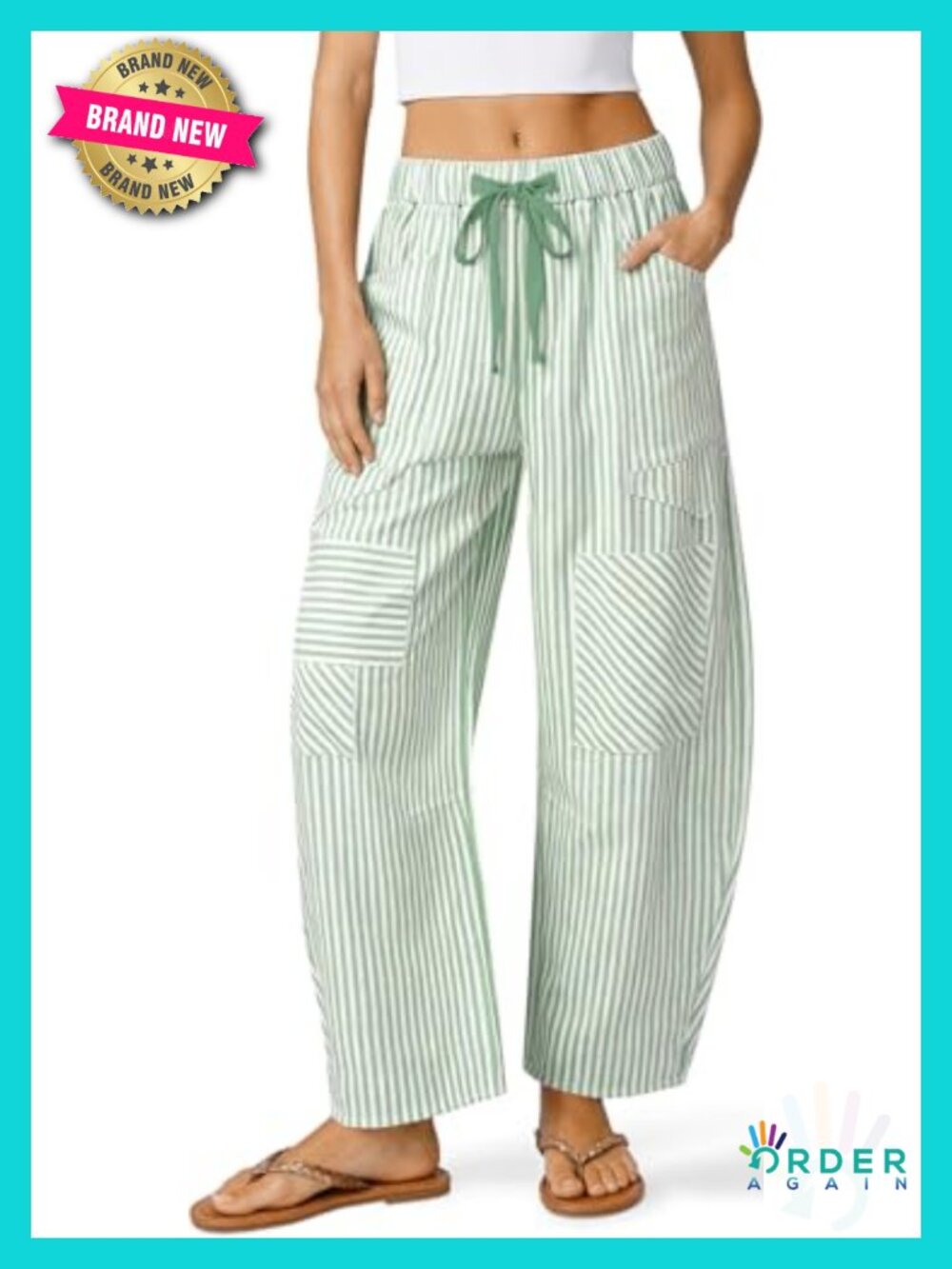 Women's Striped Linen-Blend Barrel Pants Wide Leg Drawstring Baggy